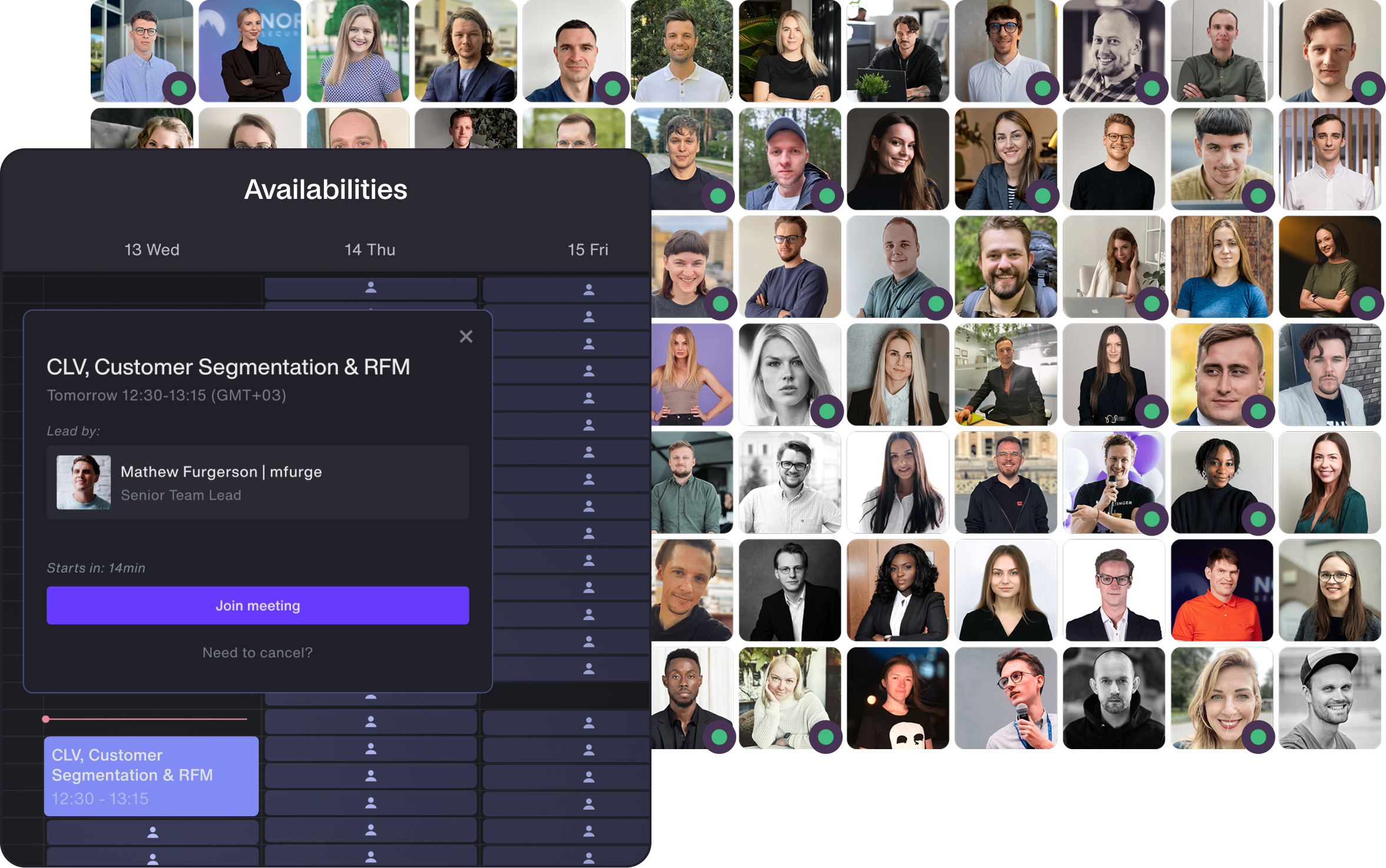 Mentor portraits alongside a live-session booking calendar