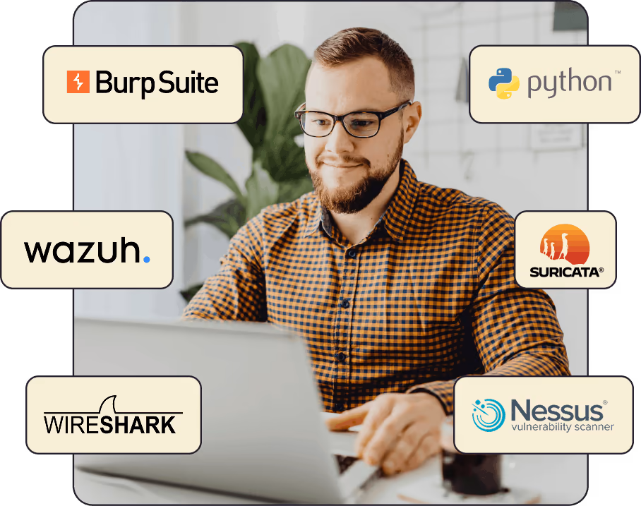 Cyber security apprentice working at a laptop, framed by logos of the tools the programme covers: Burp Suite, Python, Wazuh, Suricata, Wireshark and Nessus